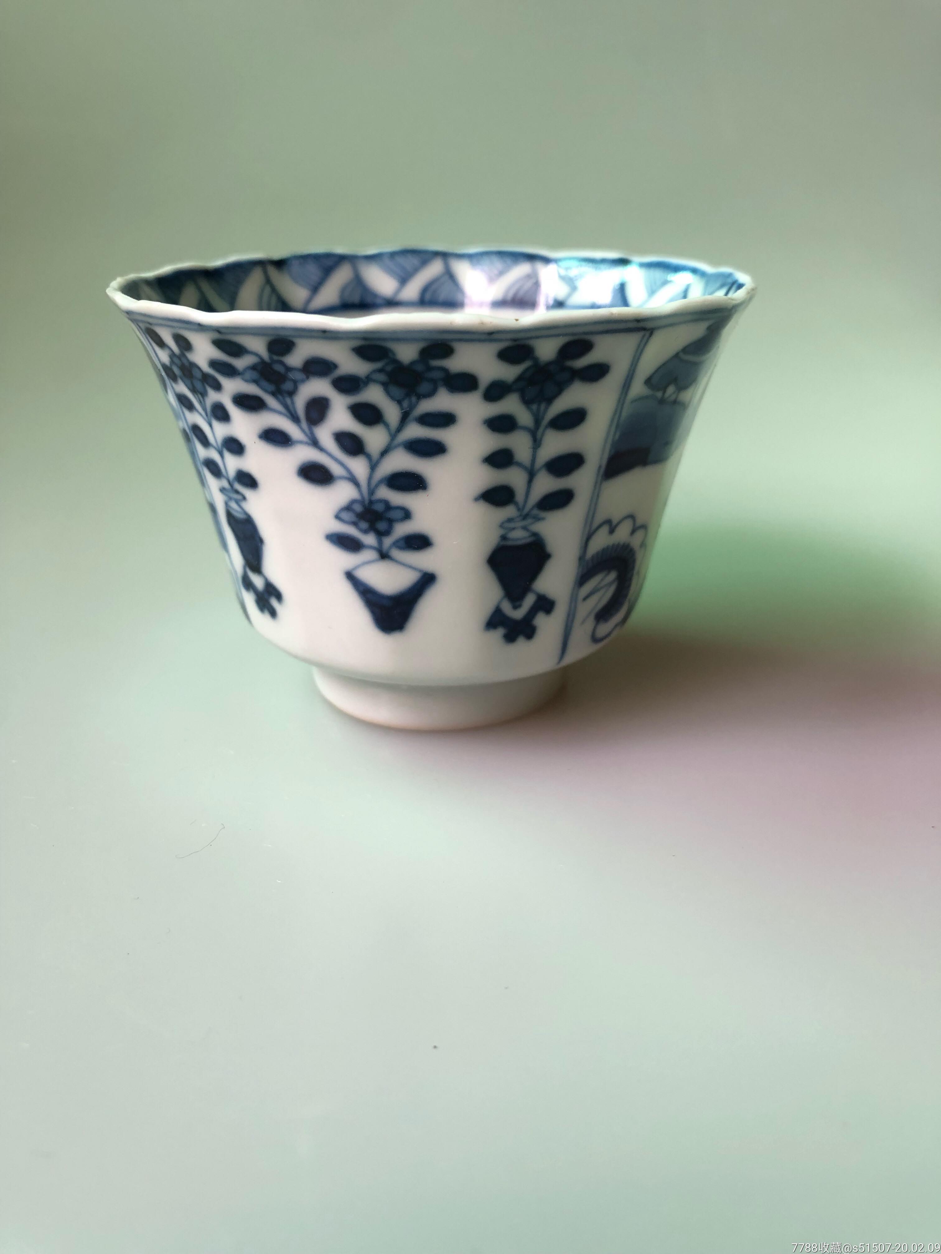 清代光绪访康熙十八棱开窗山水花卉纹青花杯(保真包退)_青花瓷_第2张