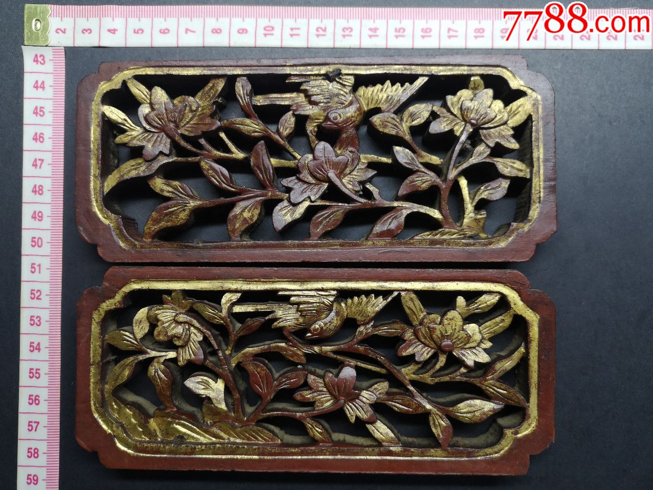民国楠木大漆上金透雕木雕花鸟花板1对md1807