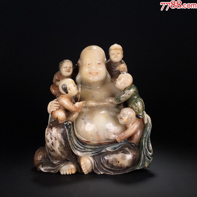 藏出 古董品 寿山芙蓉石 精細浮彫 伐舟訪友 印鑑 文房置物 篆書印 幅6.8cm 高9cm 重887g 晚清寿山石白芙蓉石五子戏弥勒五子登科五子闹佛摆件石雕古玩-寿山石印