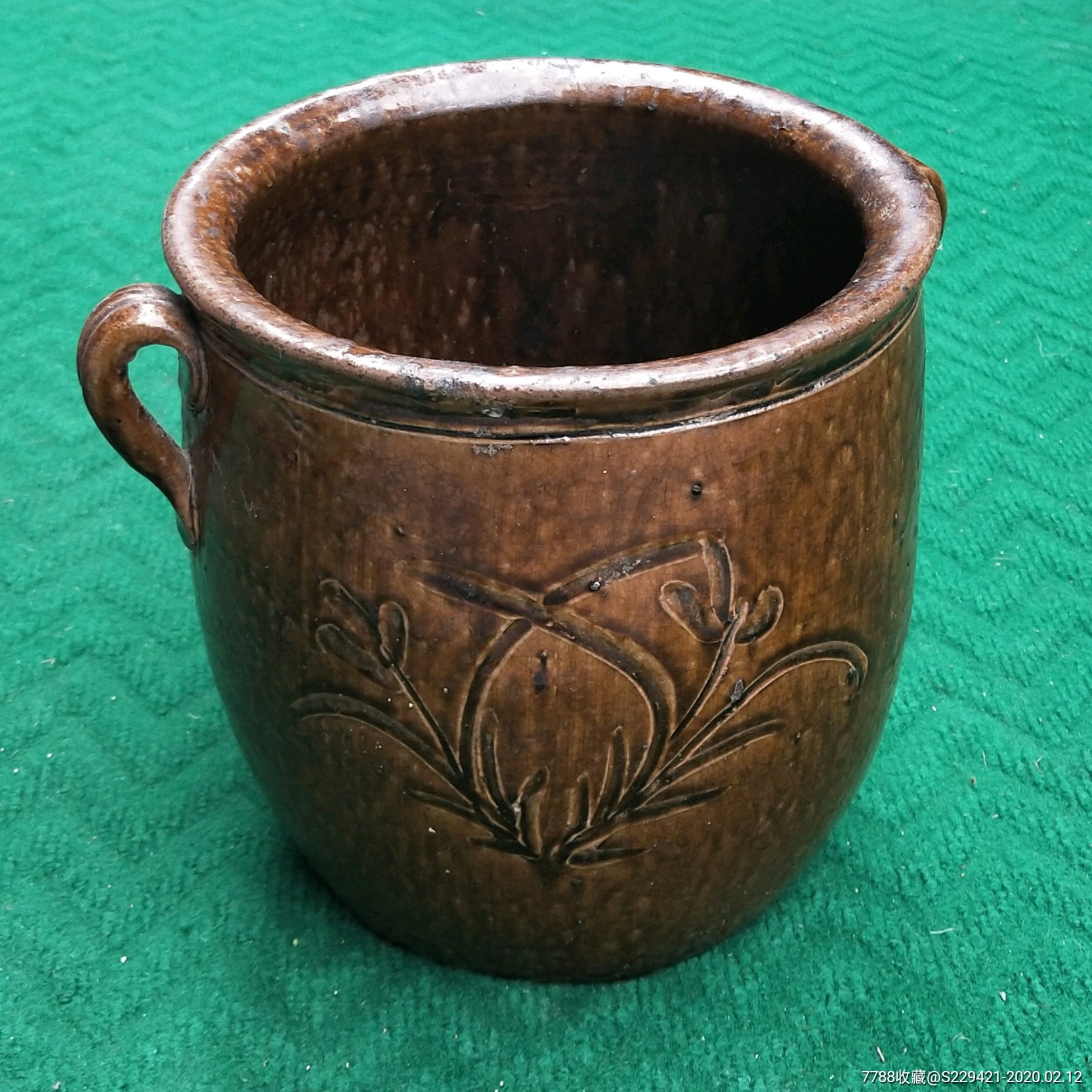 清代铜官窑鳝鱼黄釉陶耳缸手绘花卉陶摆件茶具水盂