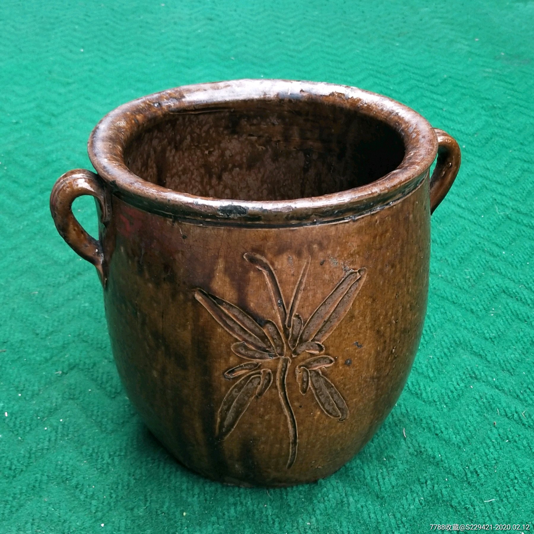 清代铜官窑鳝鱼黄釉陶耳缸手绘花卉陶摆件茶具水盂