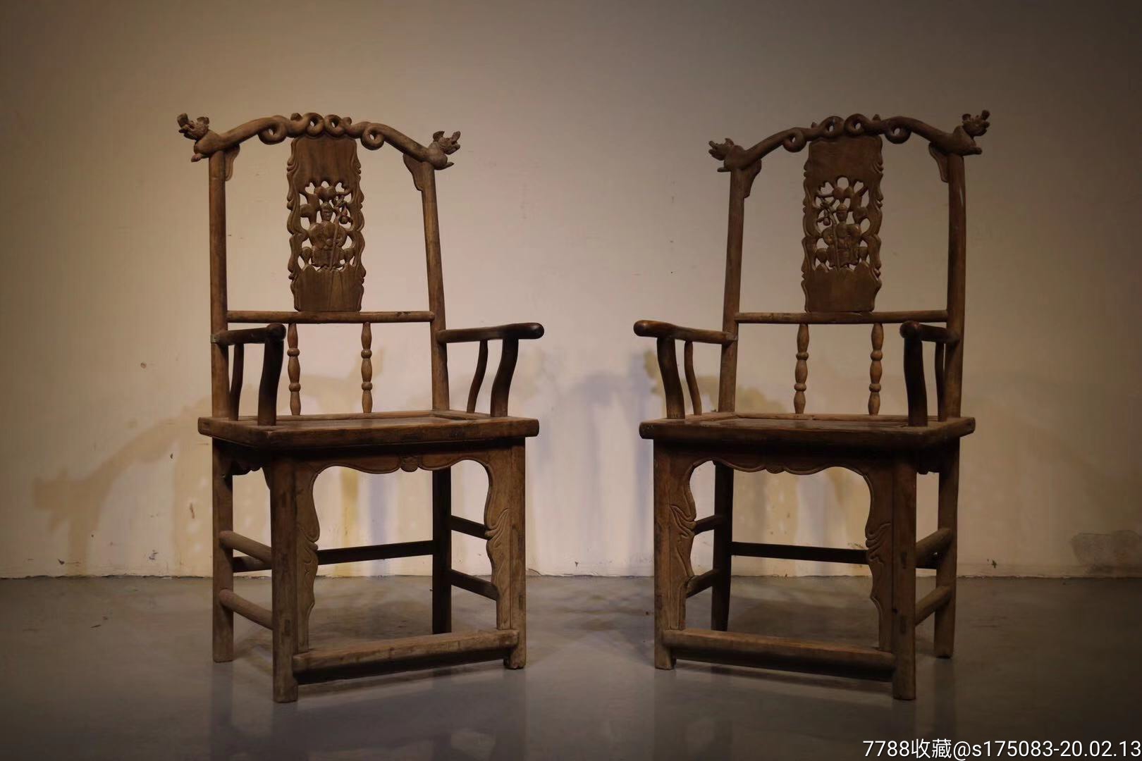 四出头官帽椅清代榆木类通体做工特殊尤其搭脑两头以龙头作以装饰背板