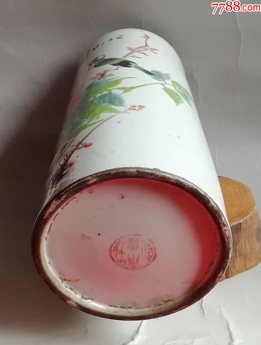 【至乙堂】清末民国汪芳林大底花鸟手绘帽筒mt1022