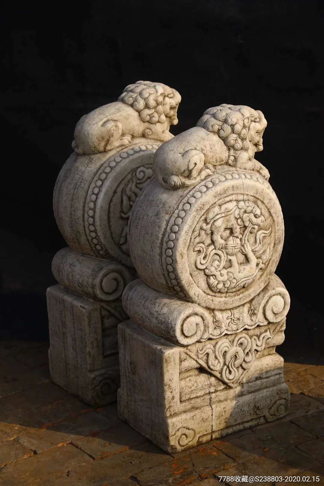 民国时期汉白玉狮子门墩高80长38宽25石鼓饱满圆润上趴着小狮子两侧