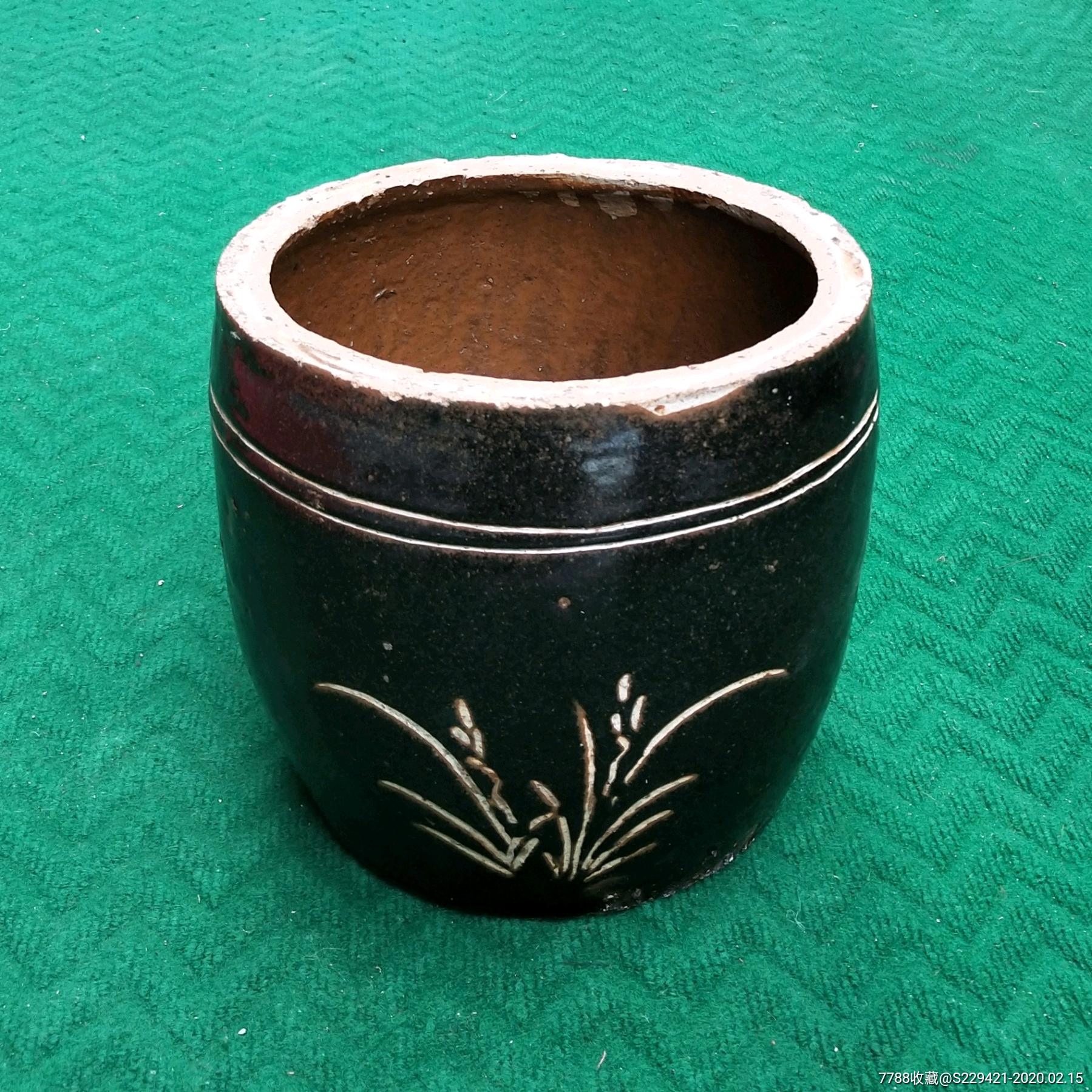 文字花纹釉下彩黑釉陶缸民国马口窑陶器花砵