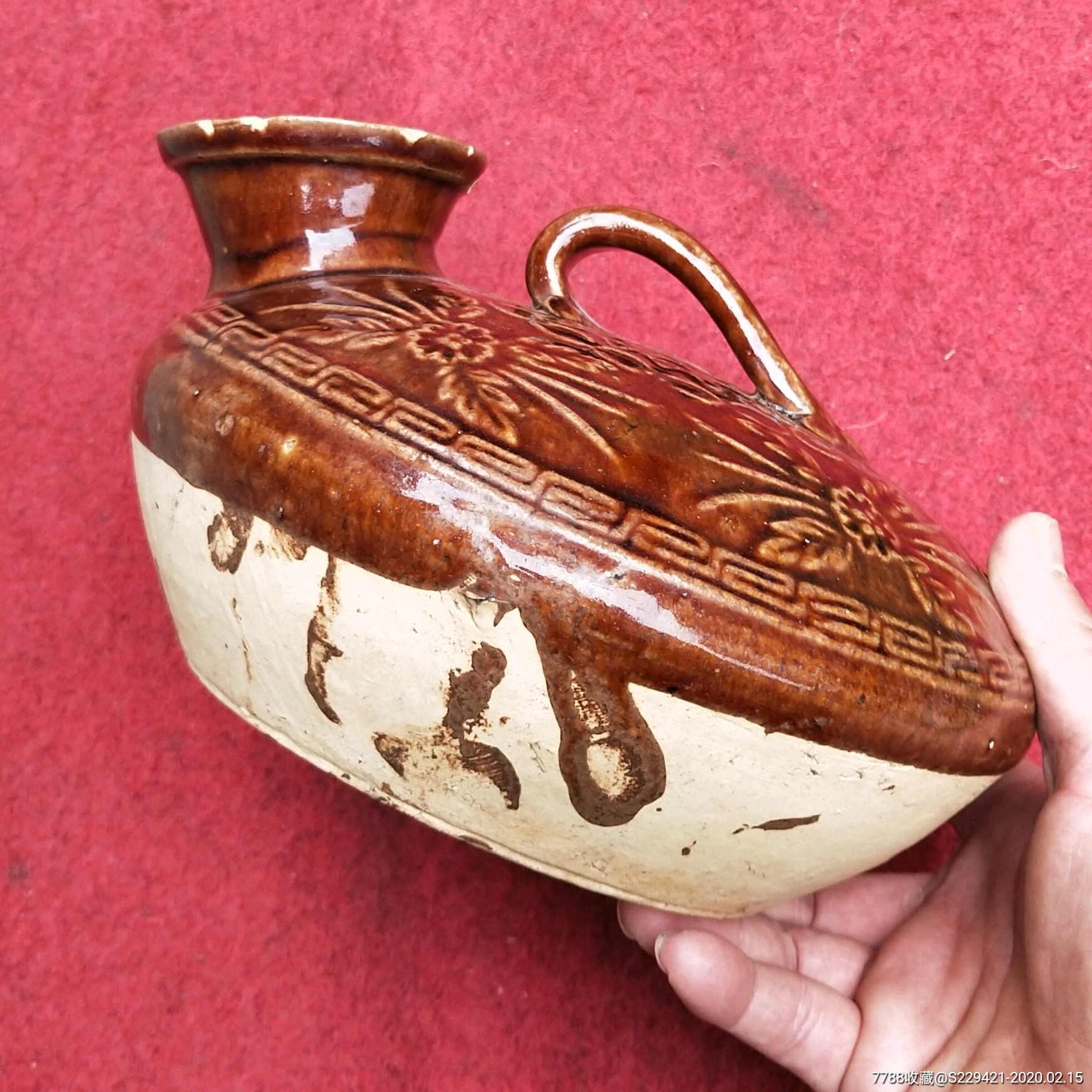 剔蜘蛛花纹黄釉陶夜壶民国长沙窑陶器男用便器