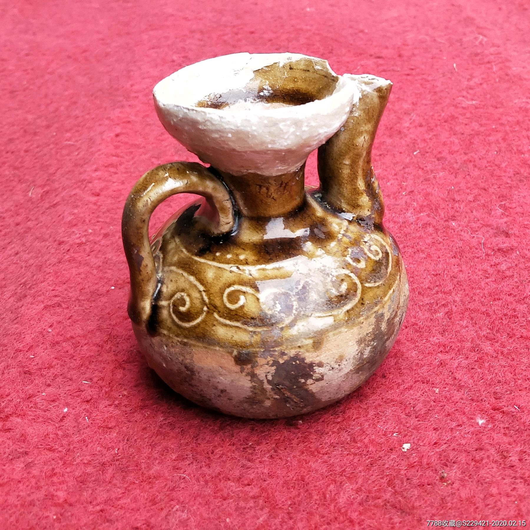 本地出土回纹黄釉陶酒壶儿高古陶墓葬明器收藏品_其他陶器_第2张_7788