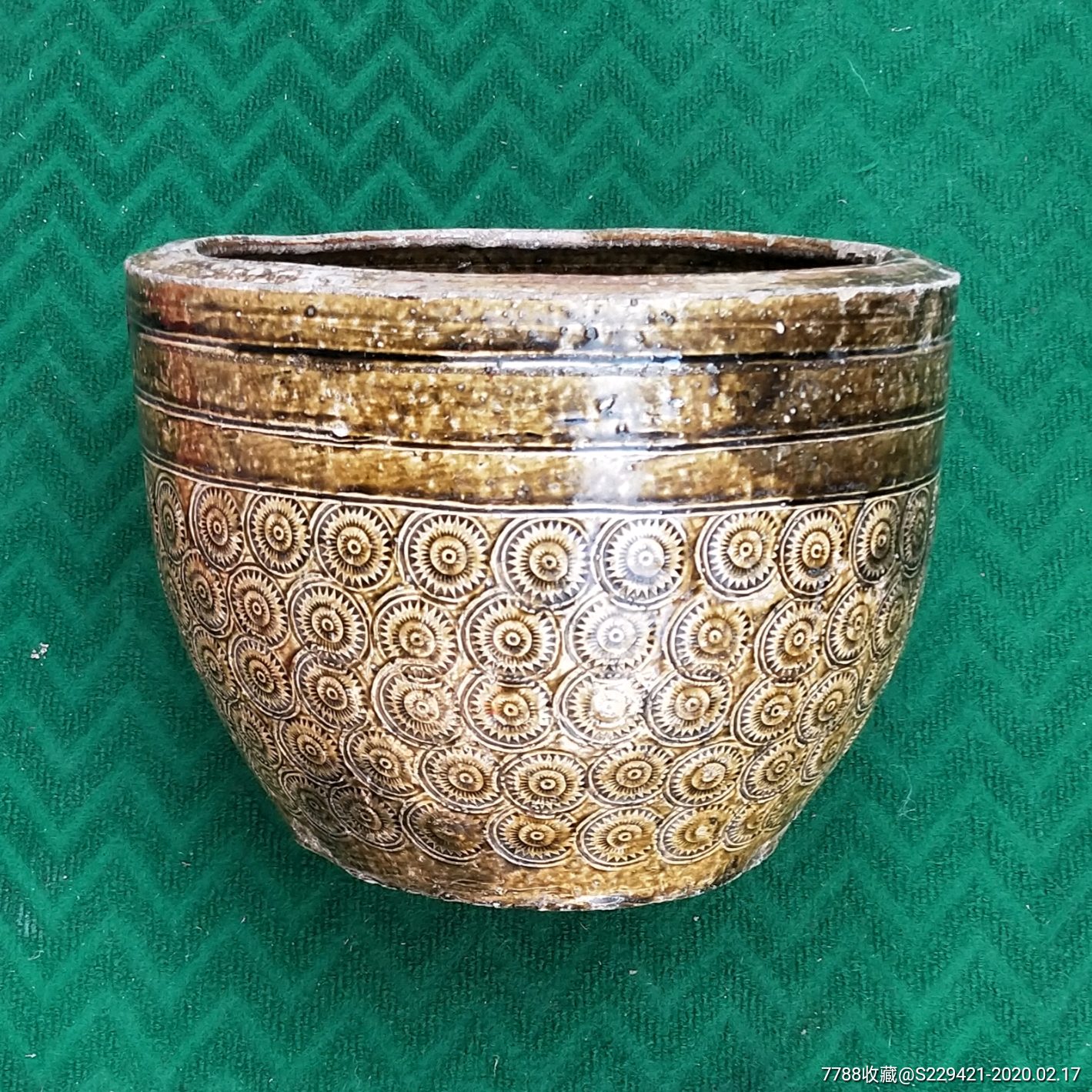 金钱印纹硬陶盛米水缸清代老窑陶器摆件