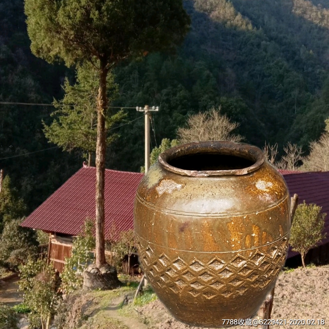 金钱印纹花纹釉陶缸清代老窑陶器酒坛子摆件