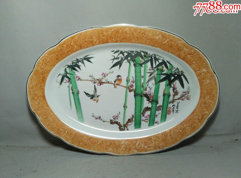 美雅的八十年代手绘竹鸟纹大瓷盘