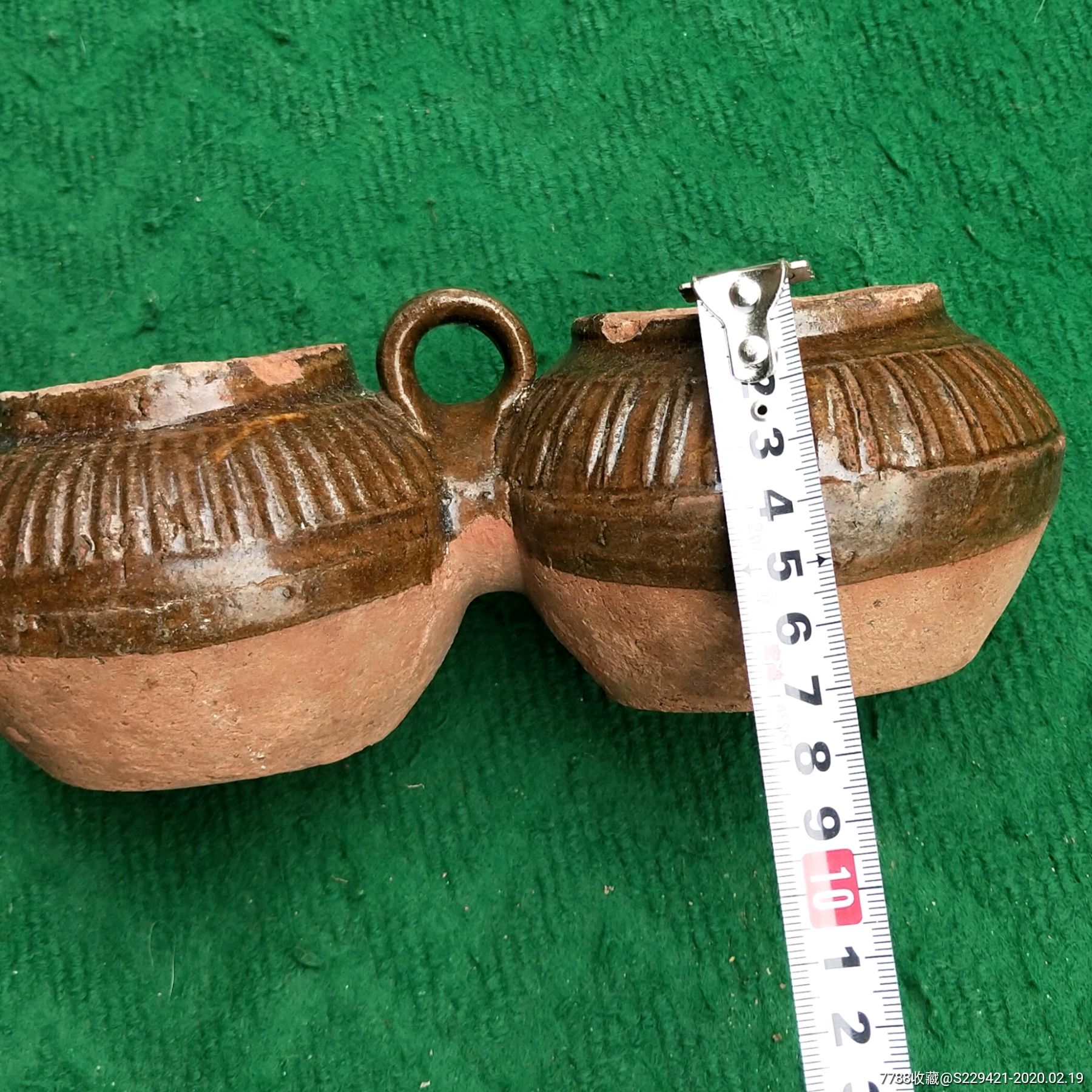 剔花条纹酱釉红陶双连油盐罐民国老窑陶器摆件多肉花罐儿