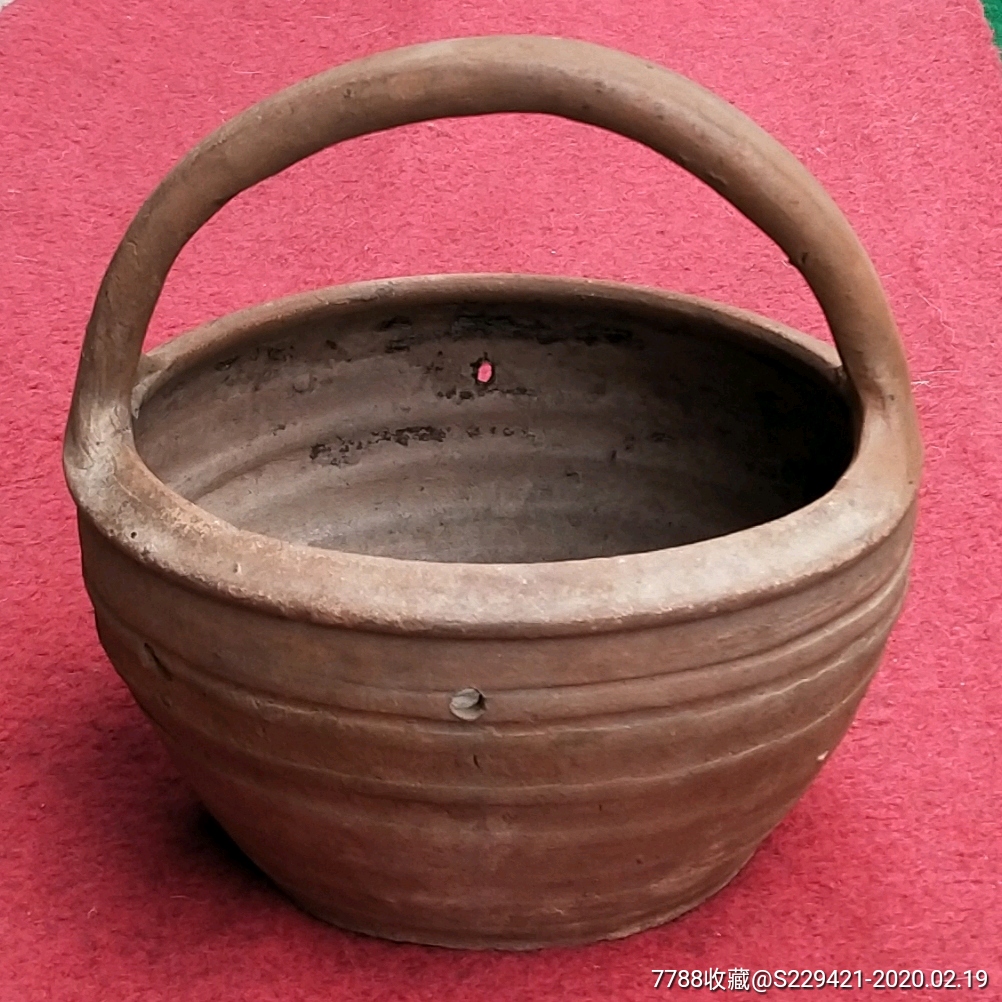手工陶纹素面黄铜火炉民国老窑陶器手提木炭取暖锅