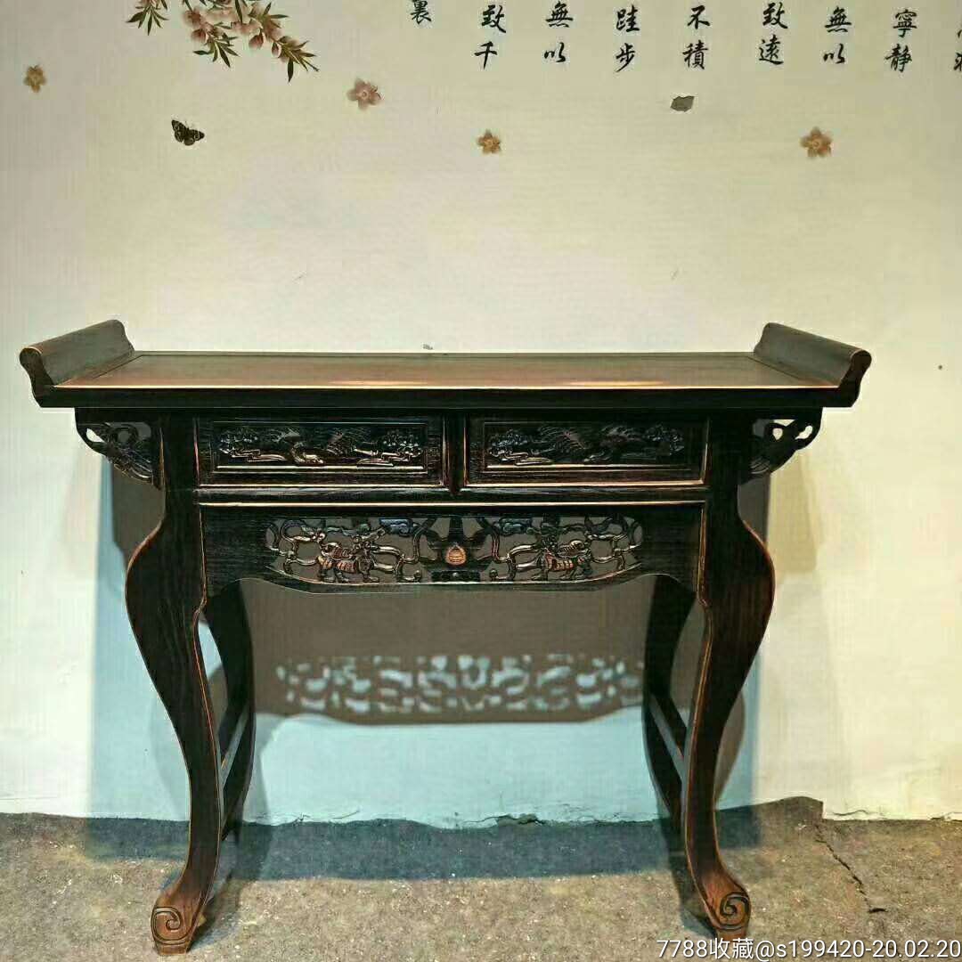 老榆木二抽翘头供桌.抽门雕刻凤凰,抽下牙板雕刻麒麟献宝.