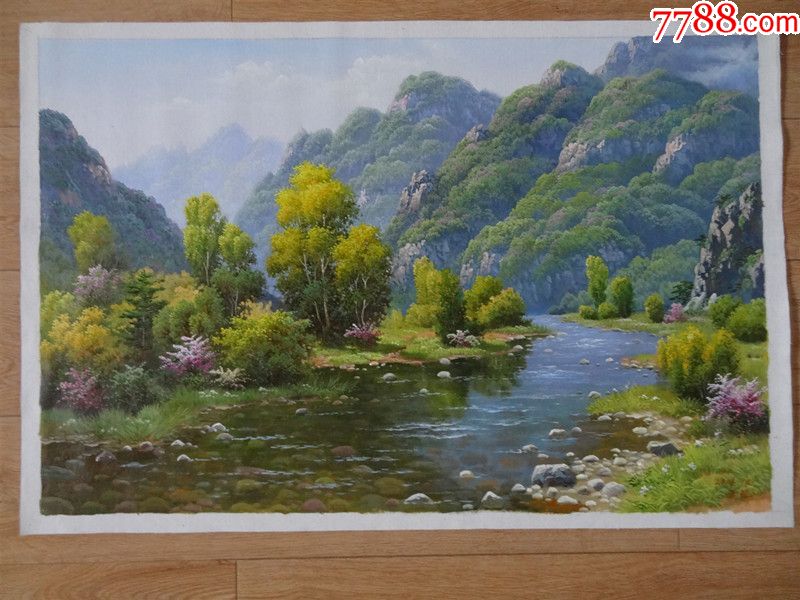 精品朝鮮風景山水老布油畫原畫作品帶名款