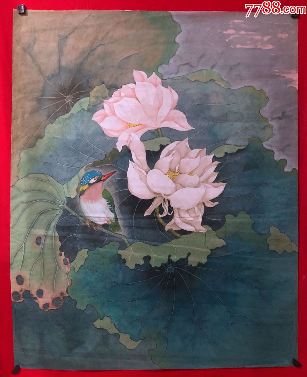 书画原作3764,无款工笔重彩花鸟画,翠鸟荷花-花鸟国画原作-7788收藏