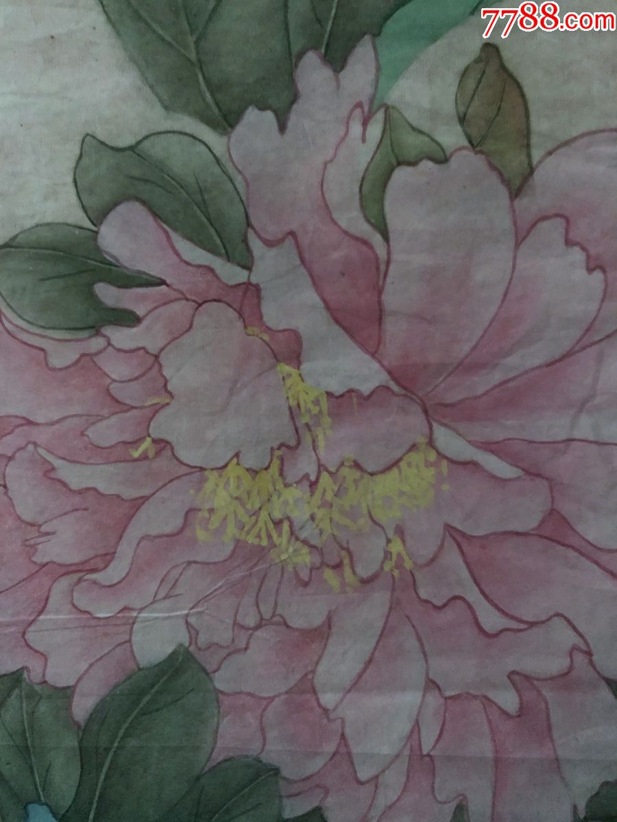 书画原作3974,无款工笔淡彩花鸟画,牡丹