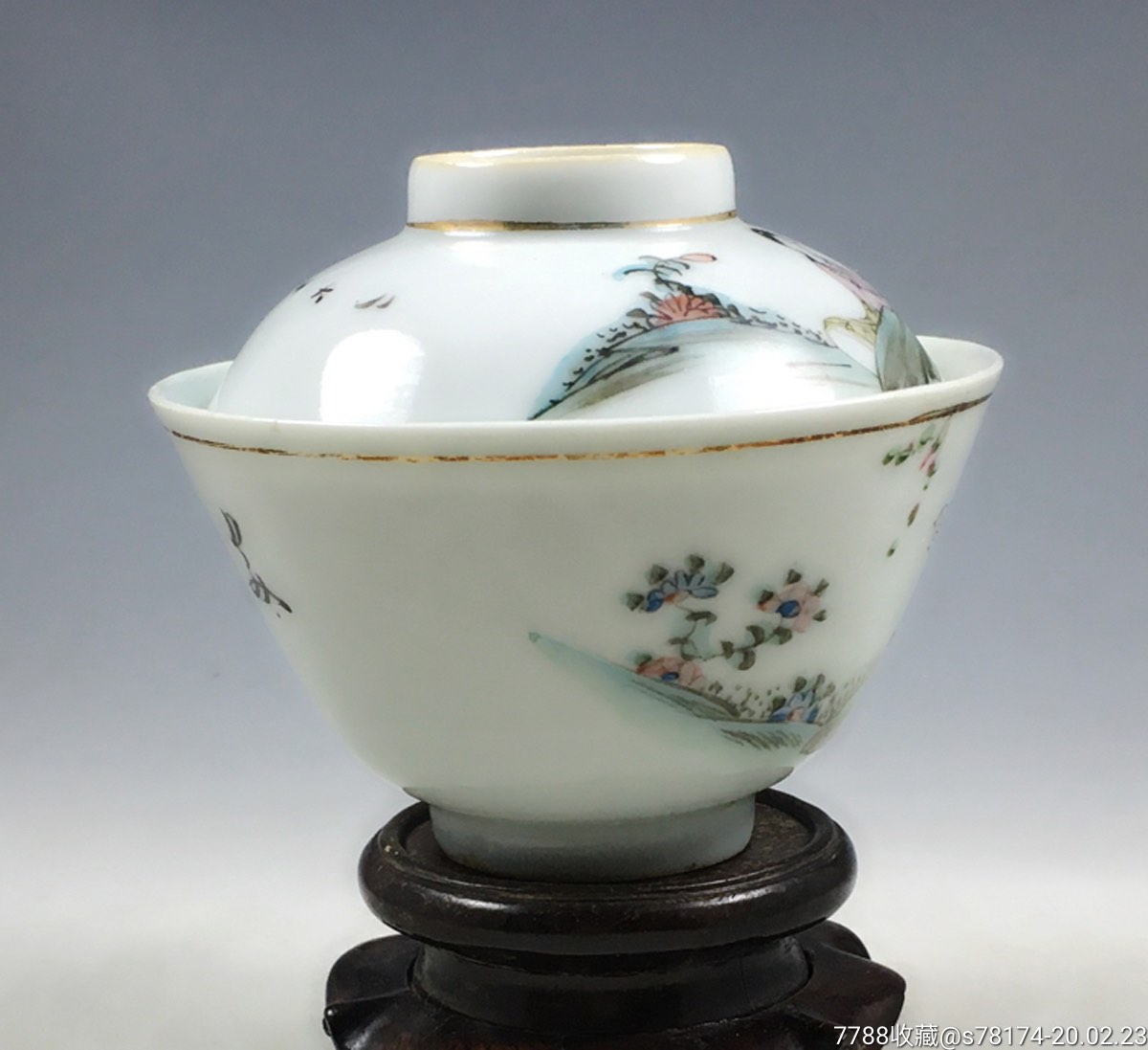 民国名家王义盛作品桃花美人粉彩原配全套茶碗