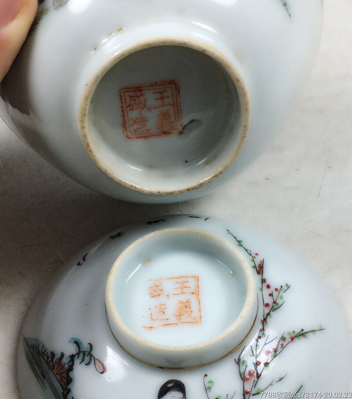 民国名家王义盛作品桃花美人粉彩原配全套茶碗