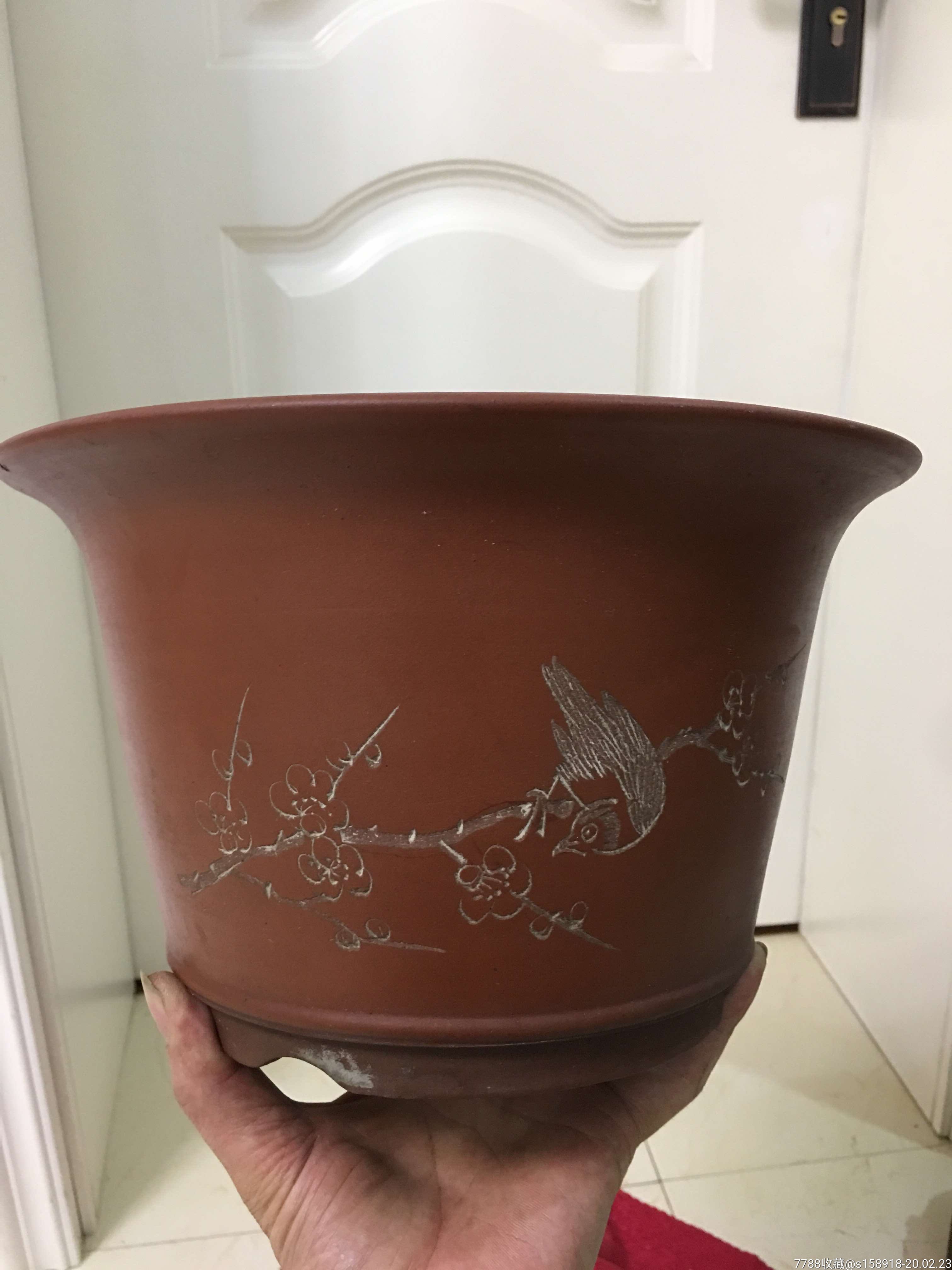 文革少云刻喜鹊登梅,青竹精神精品紫砂花盆