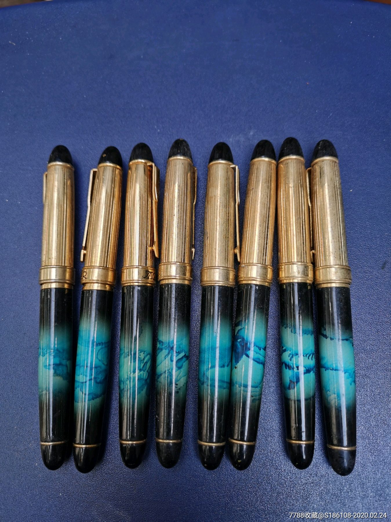 蓝黑色铜管粗杆钢笔8只～英文笔尖全新没有用过