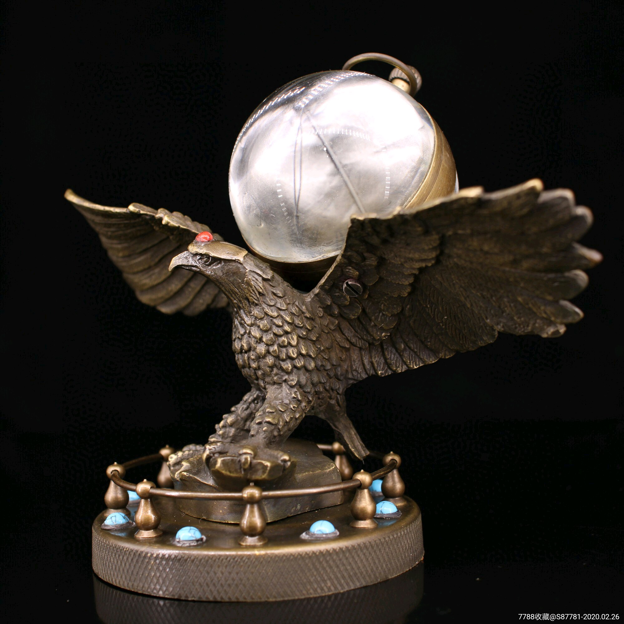 现代工艺品---纯铜仿古镶嵌宝石古典老鹰钟表拉丝老式机械发条闹钟