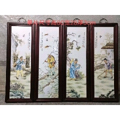 花梨木瓷板挂匾一套《耕读渔樵》，画工精湛，包浆浑厚，线条清晰流畅，可做装饰，品相(se71350262)_7788收藏__收藏热线