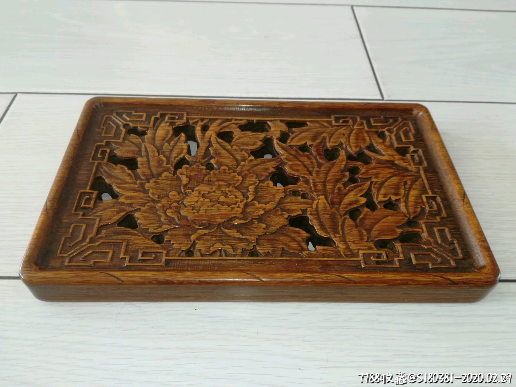 古董古玩老竹子复古雕花镂空茶托盘果盘底座底托花开富贵收藏品杂项