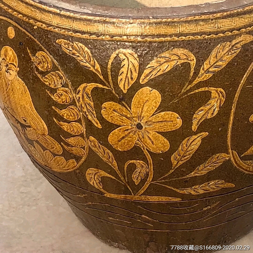 清末民国挂釉陶缸荷花缸养鱼缸满画工