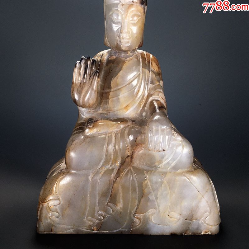 明老和田玉青白玉火烧玉观音坐像佛像玉雕摆件古玉老玉收藏