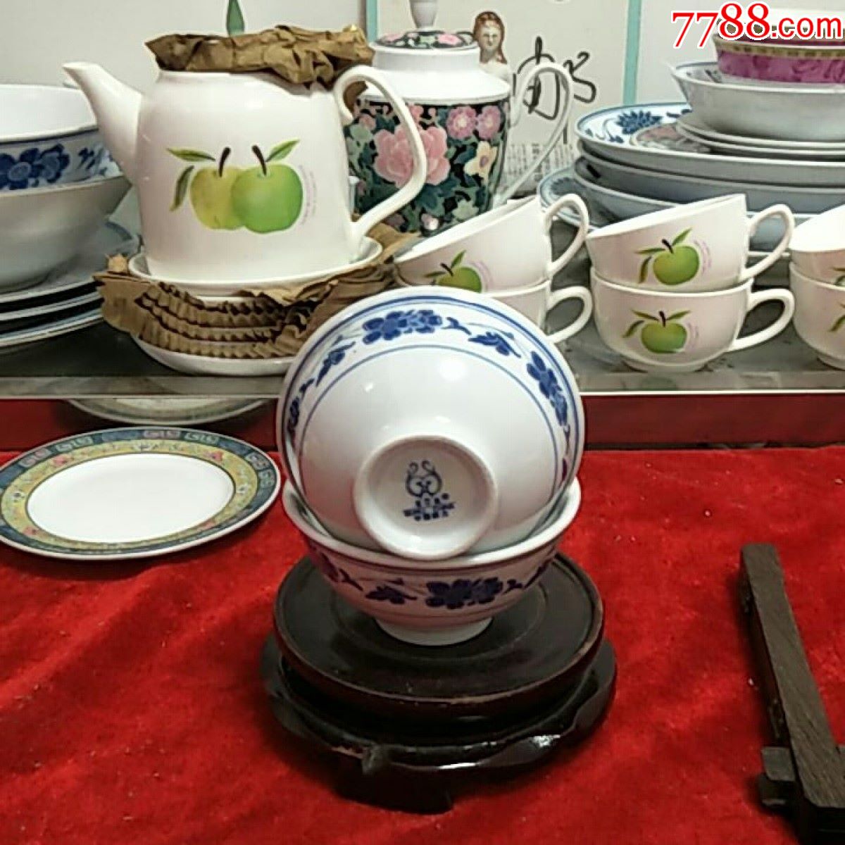 90年代醴陵群力蓝海棠茶碗一对