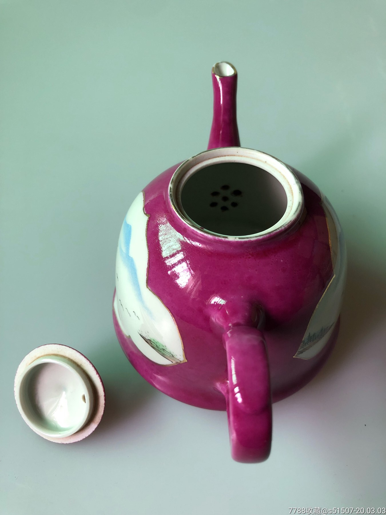 民国胭脂红釉开窗浅绛山水茶壶(底款"江西珍品"/保真包退)