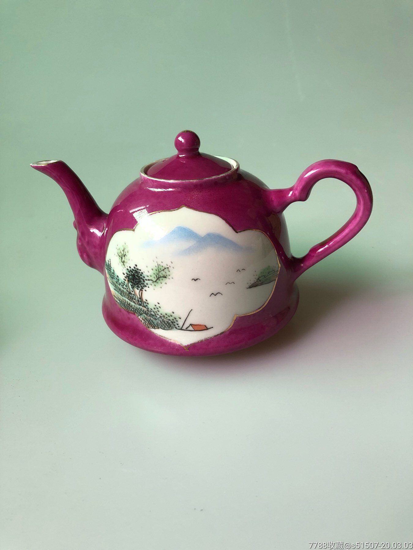 民国胭脂红釉开窗浅绛山水茶壶(底款"江西珍品"/保真包退)