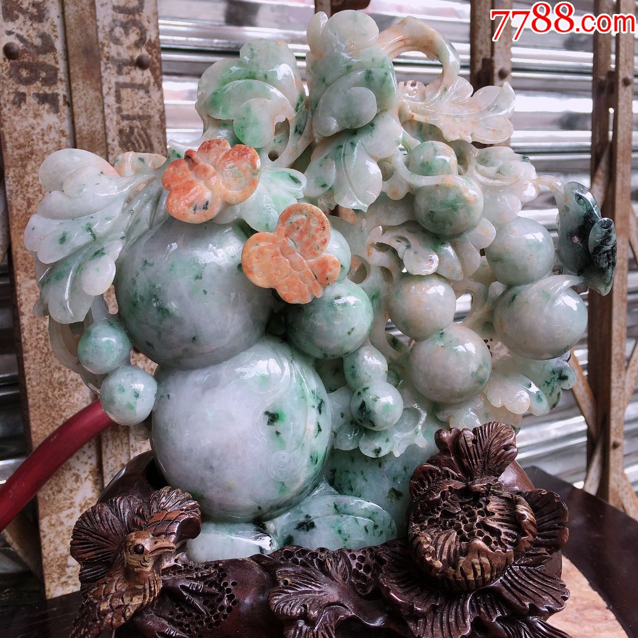 缅甸翡翠a货老坑冰糯种三彩八方来财配底座水润精雕玉翡翠葫芦摆件