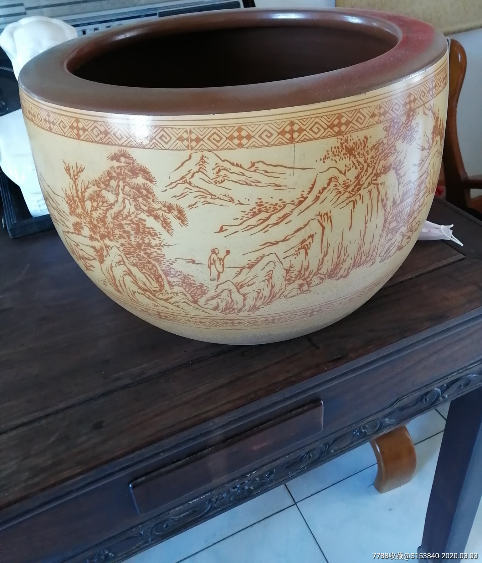 清代山水纹紫砂卷缸