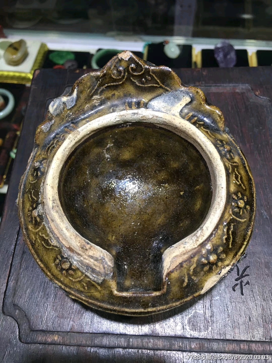 隋唐黄釉雕花老油灯一个