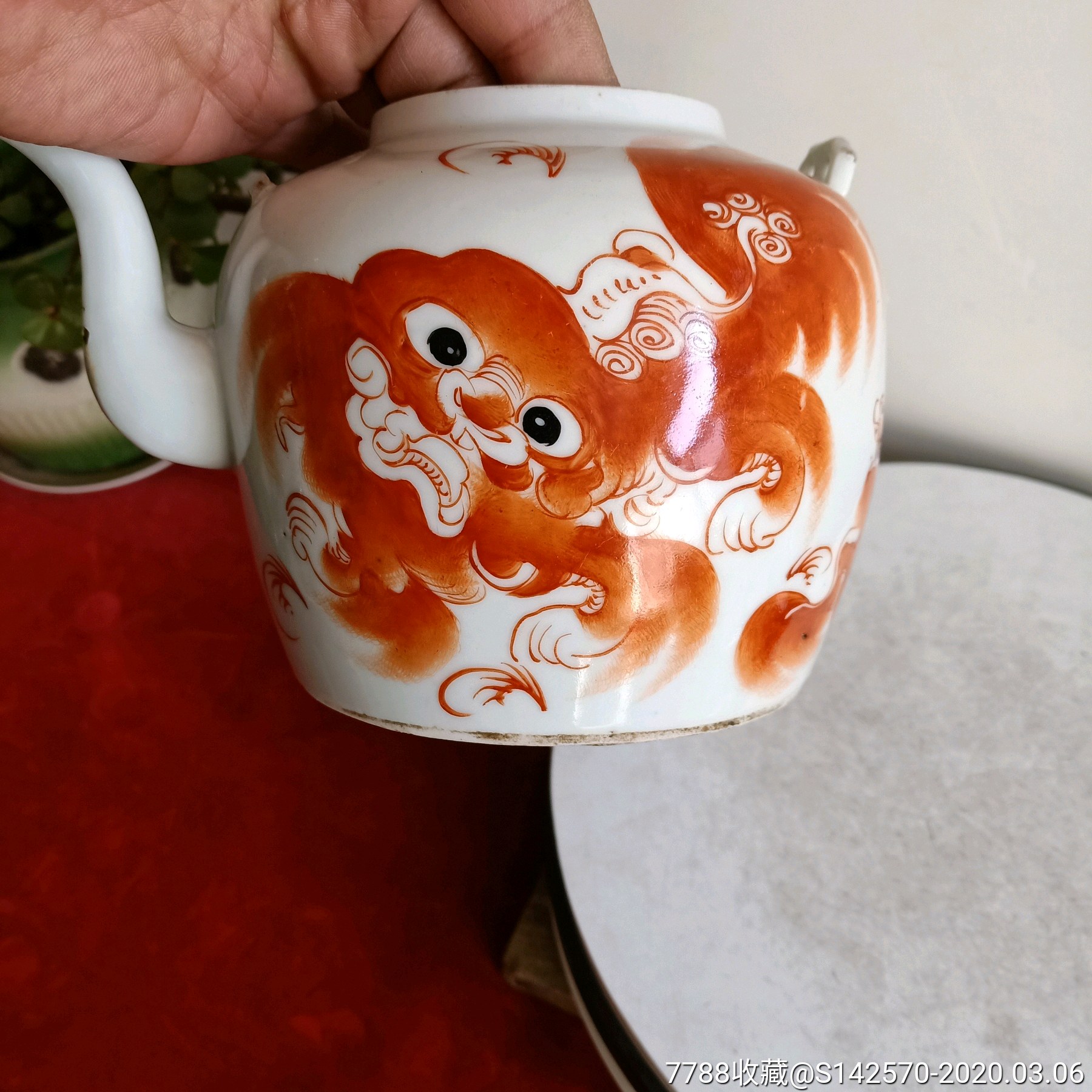 晚清名家张义记作品矾红二黄狮子茶壶身体完整余如图所示保老保真-红