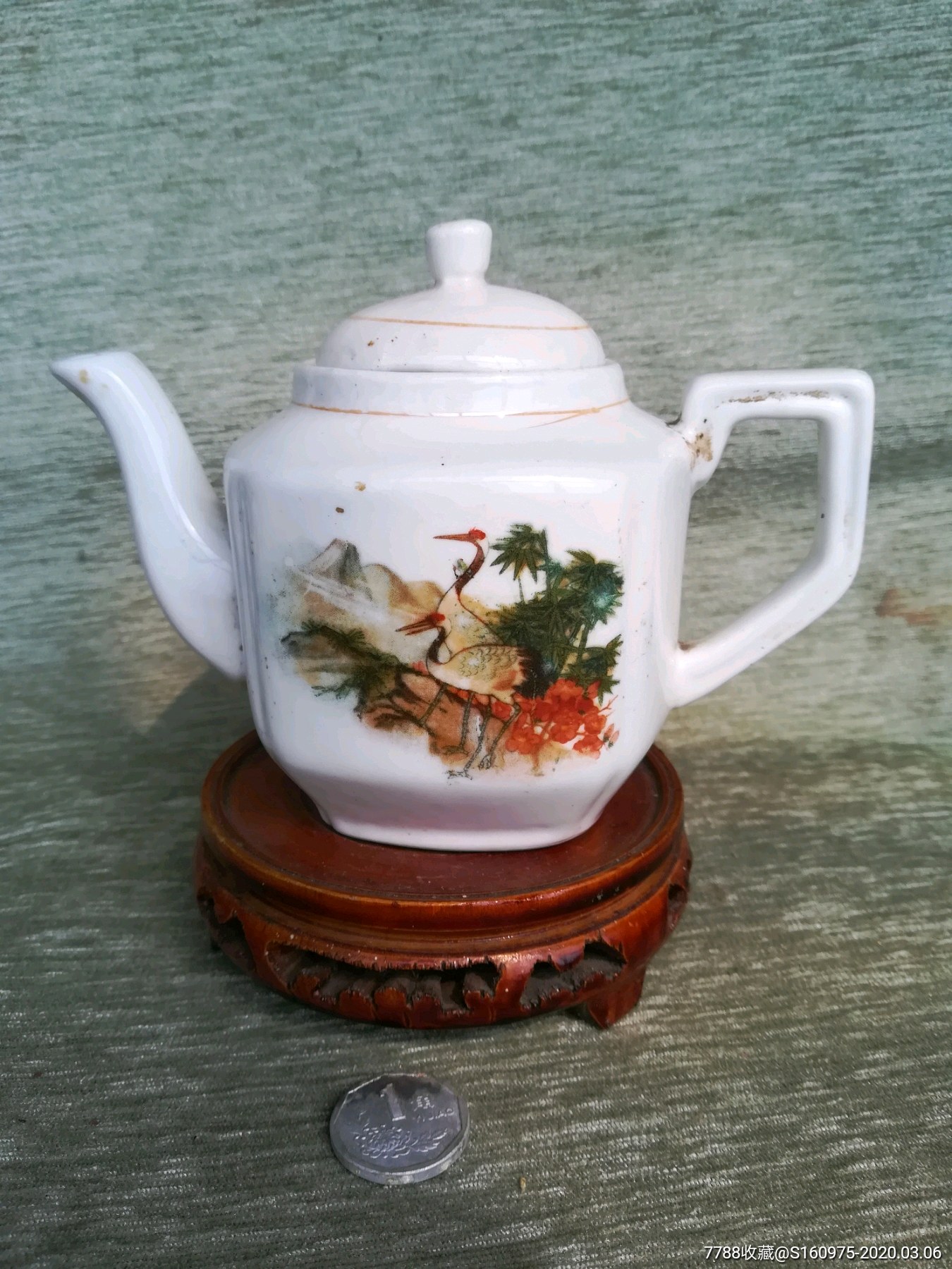 漂亮60年代年代松鹤延年方形小茶壶,15*6*11cm