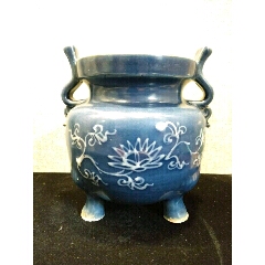 古玩瓷器明代荠蓝釉堆白三足双耳炉(se71481985)_7788收藏__收藏热线