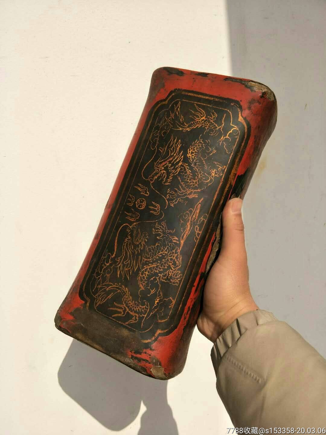 清代朱红漆凉枕