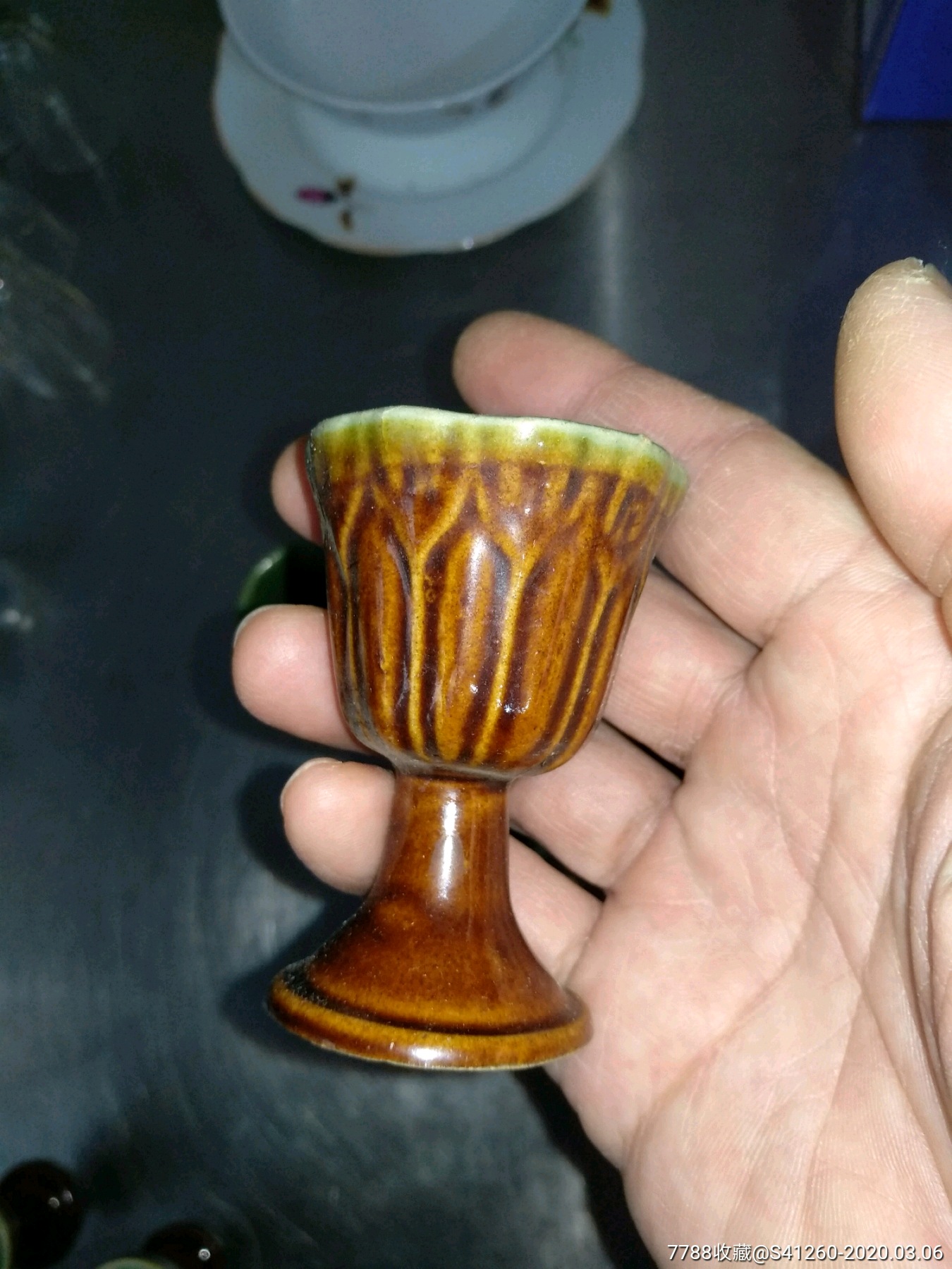 老物件酱釉窰变大号酒盅