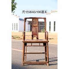 老榆木官帽椅，后背板雕刻麒麟、博古、花瓶、如意，寓意：平安如意(se71496391)_7788收藏__收藏热线