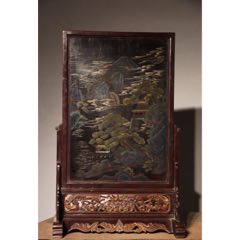 大漆彩绘插屏正面山水人家图，背面附带文字，整体为漆器描彩，绘画精美，大漆保存(se71497175)_7788收藏__收藏热线