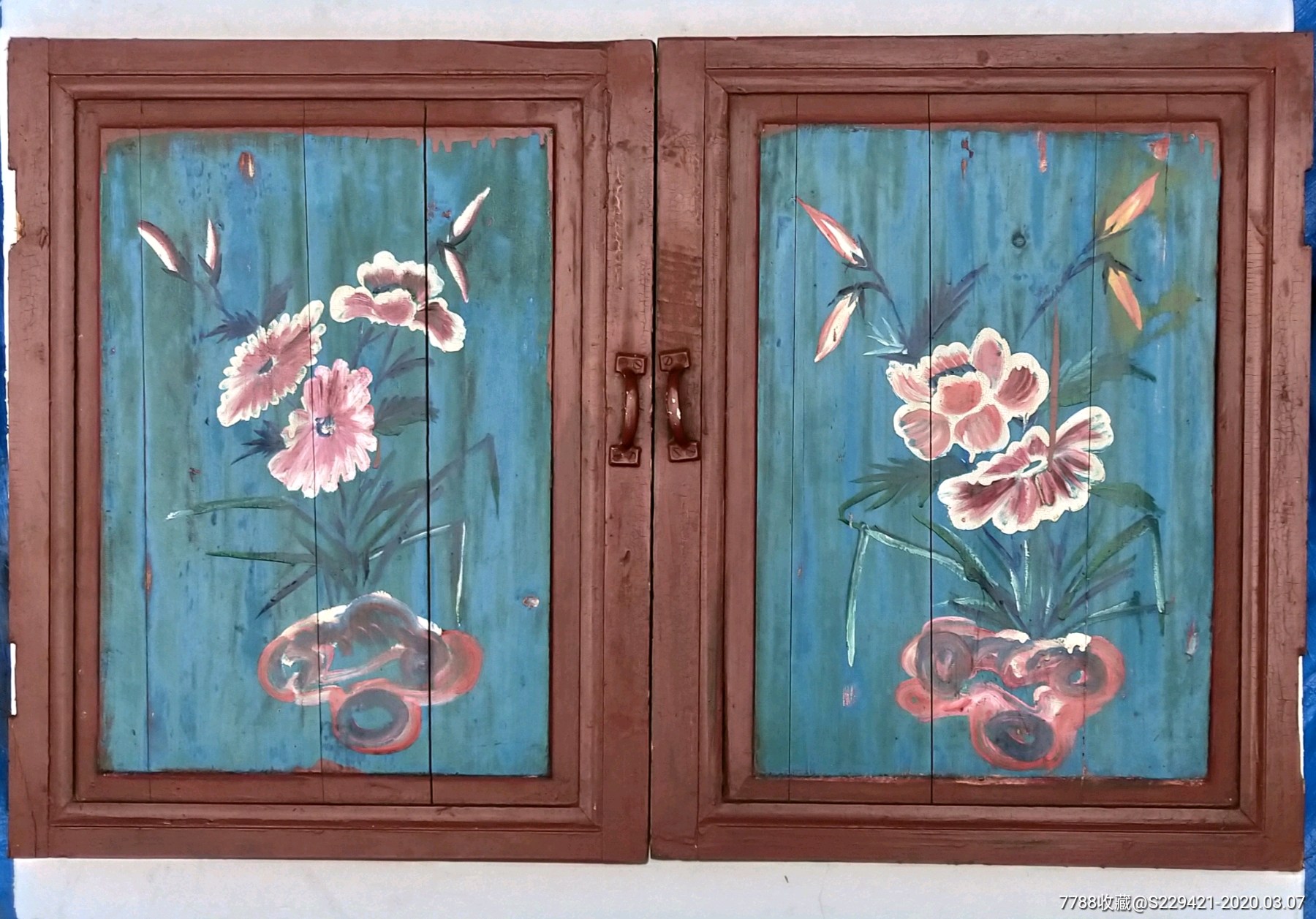 手绘花卉木板画一对屏风五十年代水彩画原画