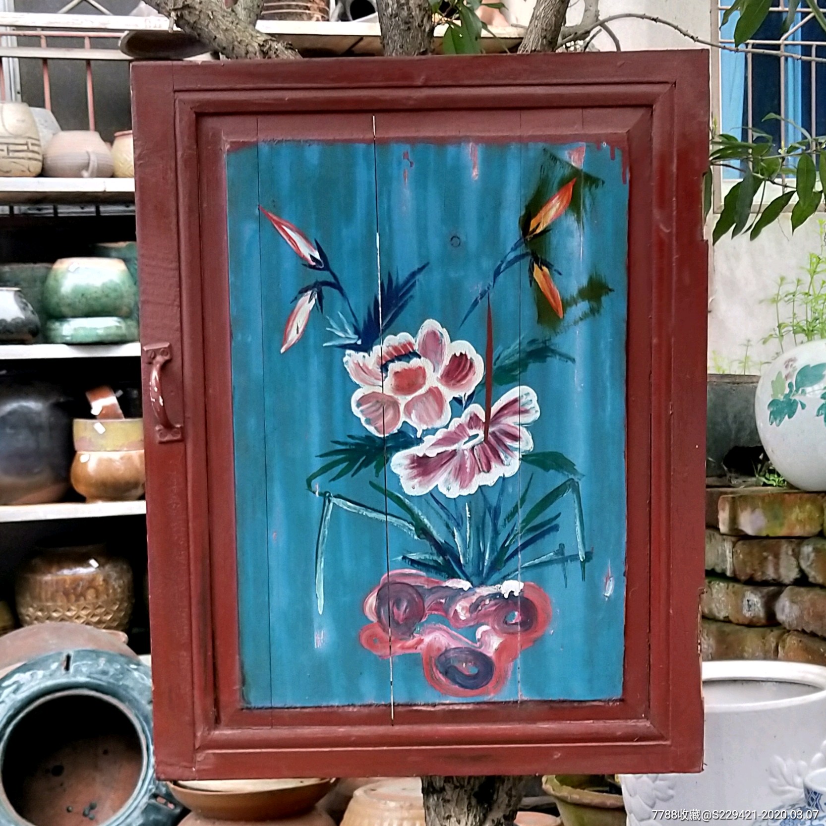 手绘花卉木板画一对屏风五十年代水彩画原画