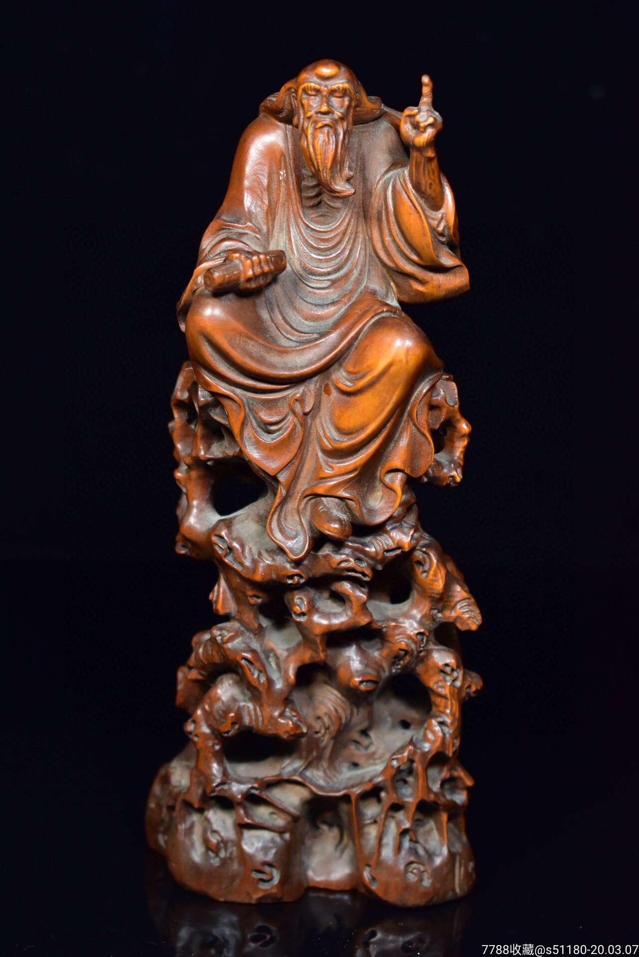 黄杨木缕空雕刻"老子问天"摆件,重222克,450