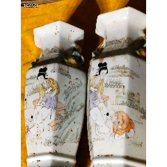 偶得大清【同治粉彩六棱花瓶】一对，瓷质细腻，人物图案清晰，直得拥有和收藏！(se71517322)_7788收藏__收藏热线