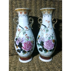 七十年代釉上彩手绘描金花鸟圆形双耳瓷瓶一对(se71518168)_7788收藏__收藏热线