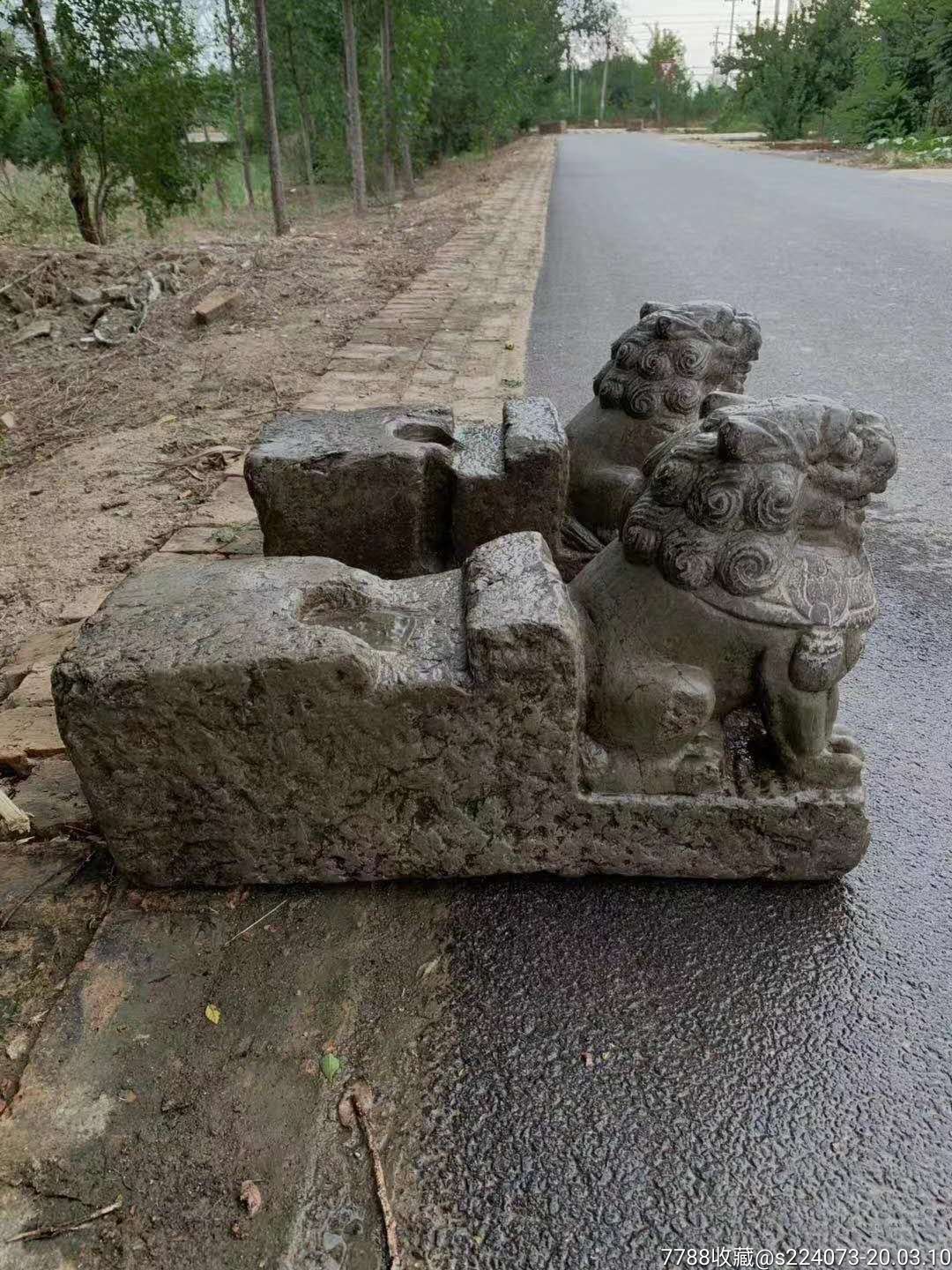 清代青石门档一对,包浆浑厚,全品包老.