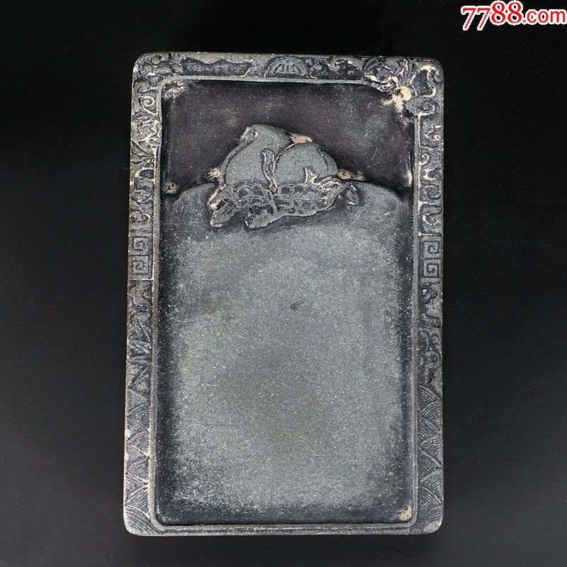 清老端溪端石绿端浮雕福寿纹篆刻诗文方形砚台文房雅玩收藏古砚
