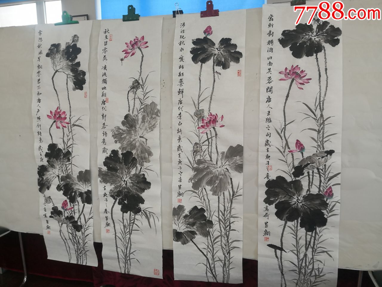 五言诗水墨荷花四条屏136乘34王显翱作品